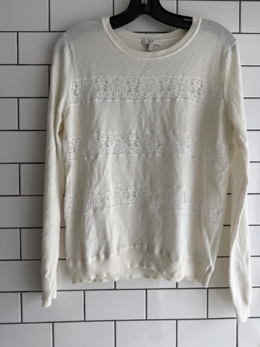 Joie Ivory Long Sleeve Lace-Striped Sweater Top